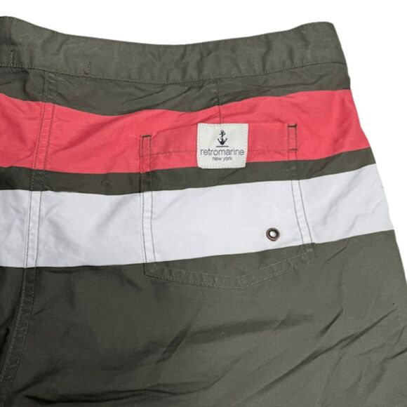 Retromarine Men's Double Color Block Swim Trunk Board Shorts Olive White Size 36 - Picture 5 of 8